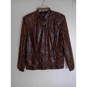 Elementz Faux Leather Snakeskin Zip Up Lightweight Jacket Sz Large Petite Brown